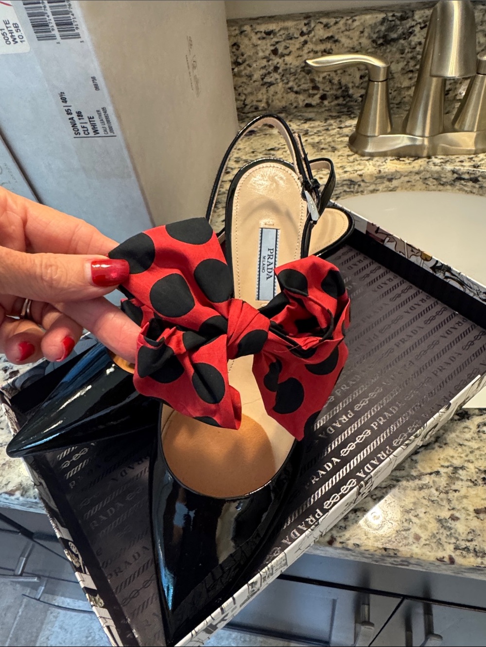 Prada Black Patent Slingback Pump with Red & Black Polka Dot Bow Accent